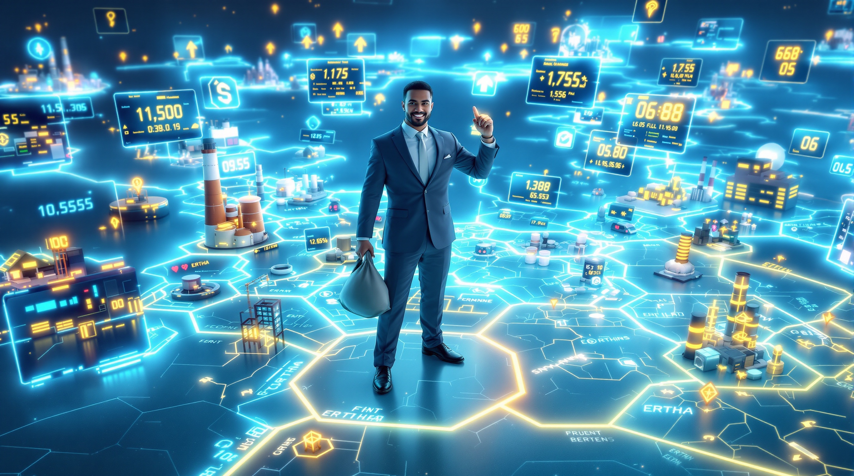 Avatar en affaires sur une carte hexagonale d'Ertha, sac d'argent et manuel en main, ambiance metaverse.