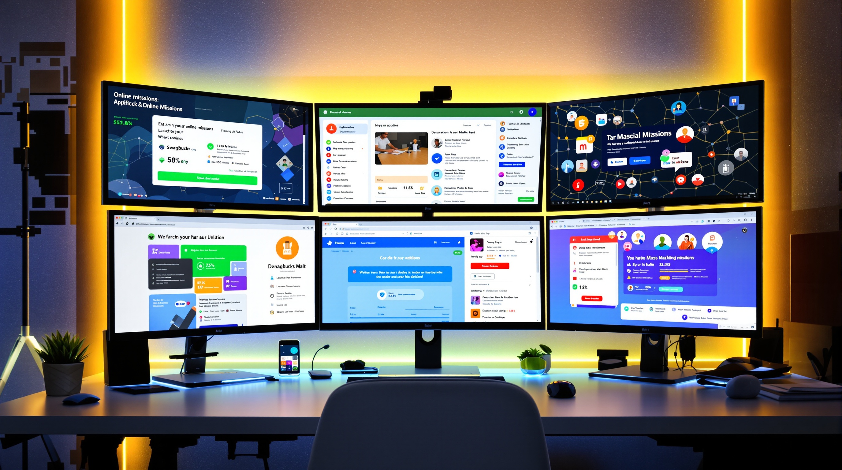 Bureau numérique illustrant les plateformes de sondages, micro-tâches et freelancing.