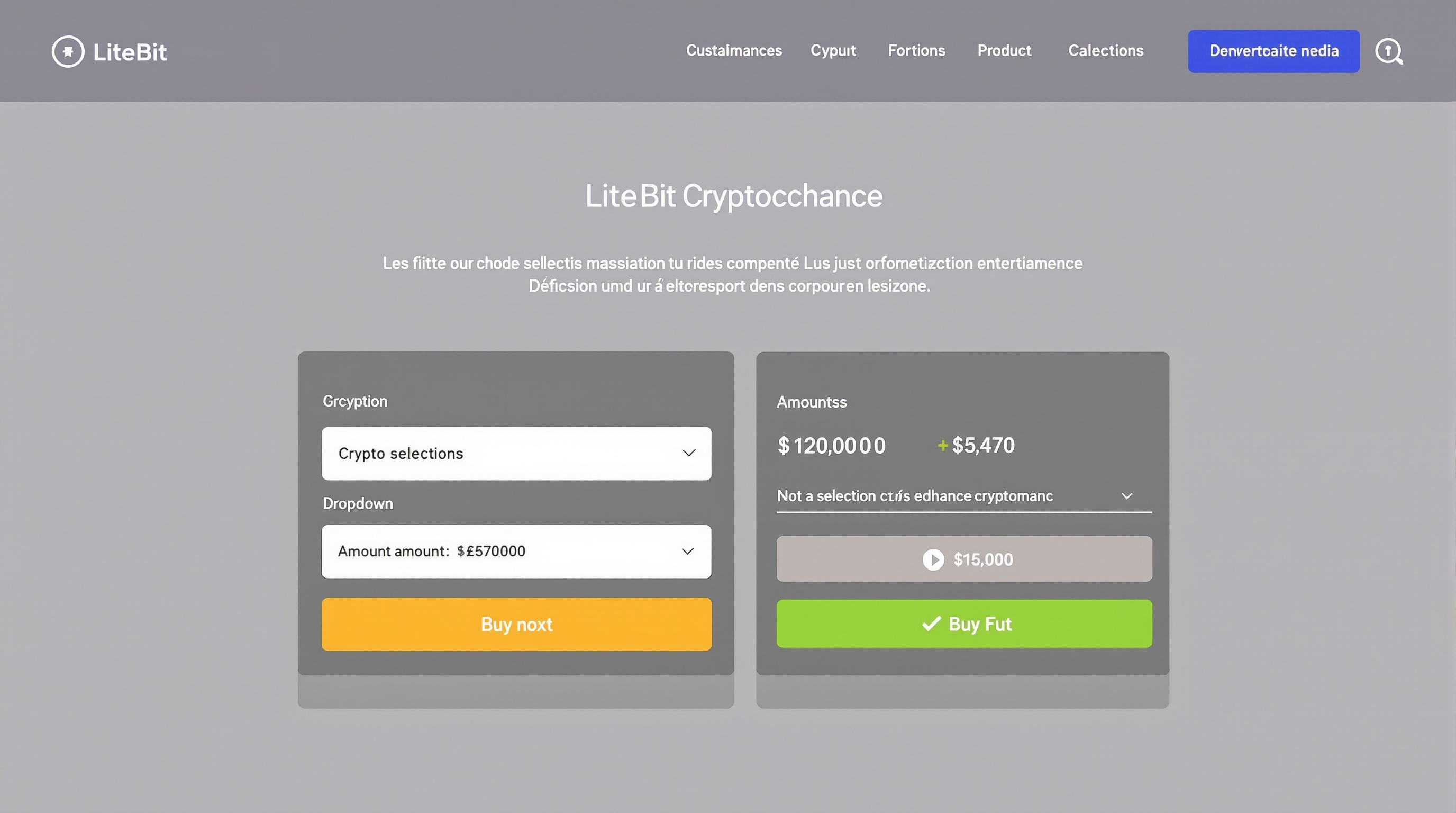 Interface d'achat de cryptomonnaies sur LiteBit, montrant la sélection de la crypto, le montant et le bouton d'achat.