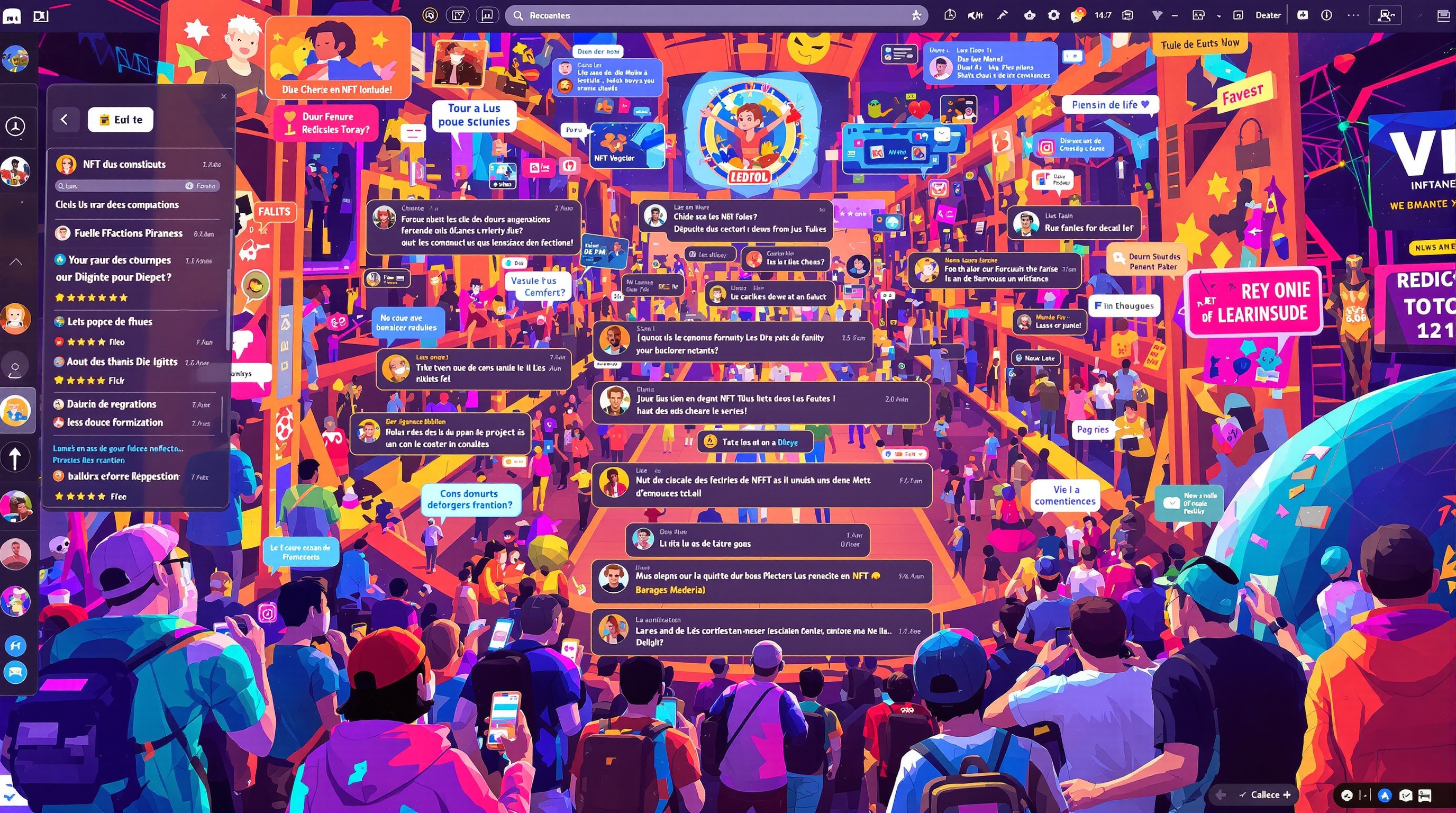 Capture d'écran illustrant l'interface d'un serveur Discord NFT avec différents salons et l'activité des membres.
