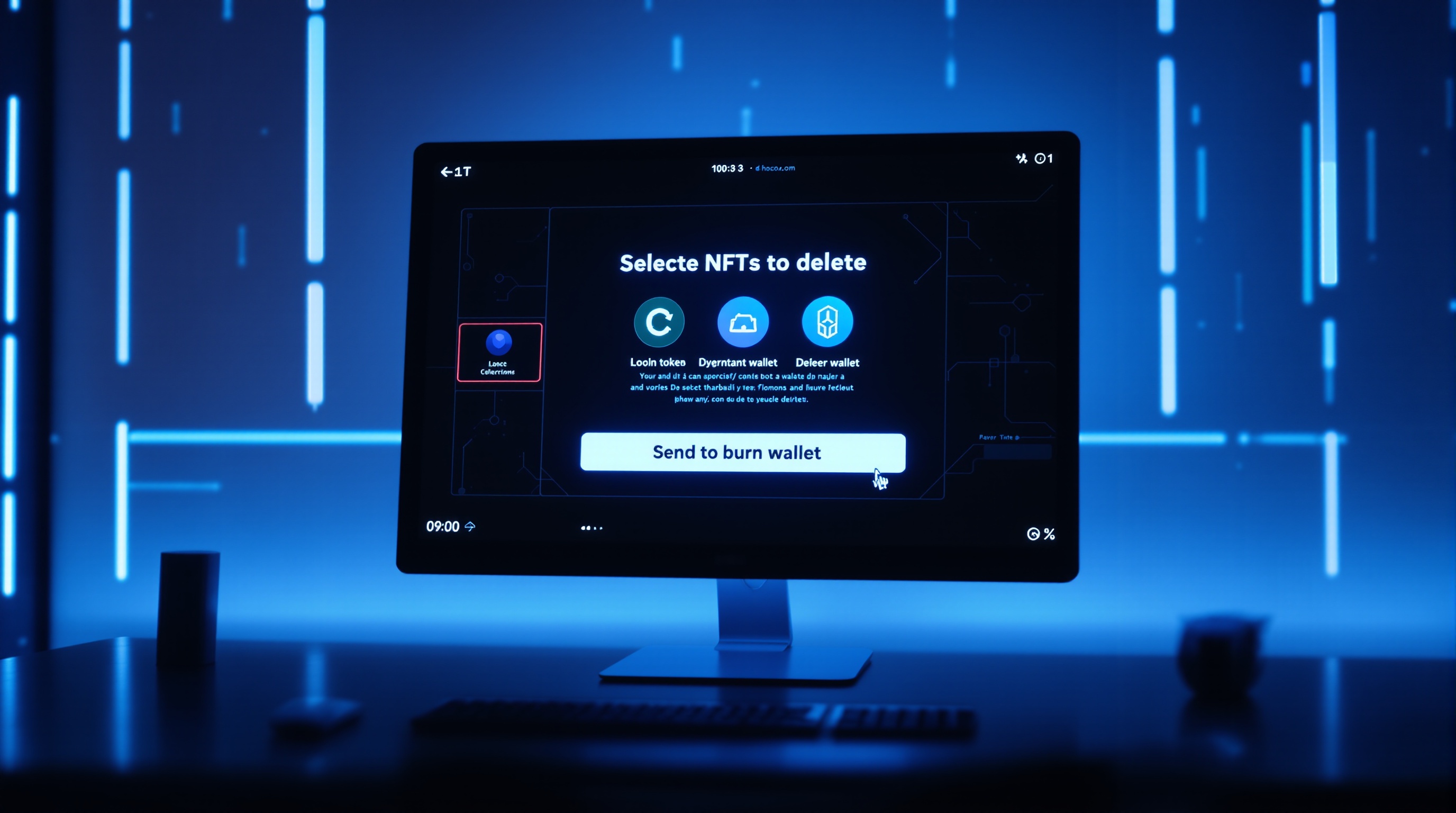Interface moderne de gestion de NFT permettant la sélection pour suppression via un burn wallet.