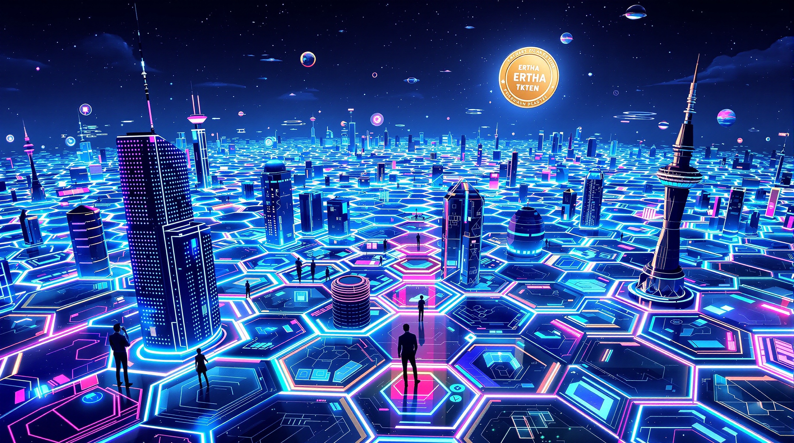 Vue immersive d'Ertha : avatars, hexagones et jeton ERTHA lumineux