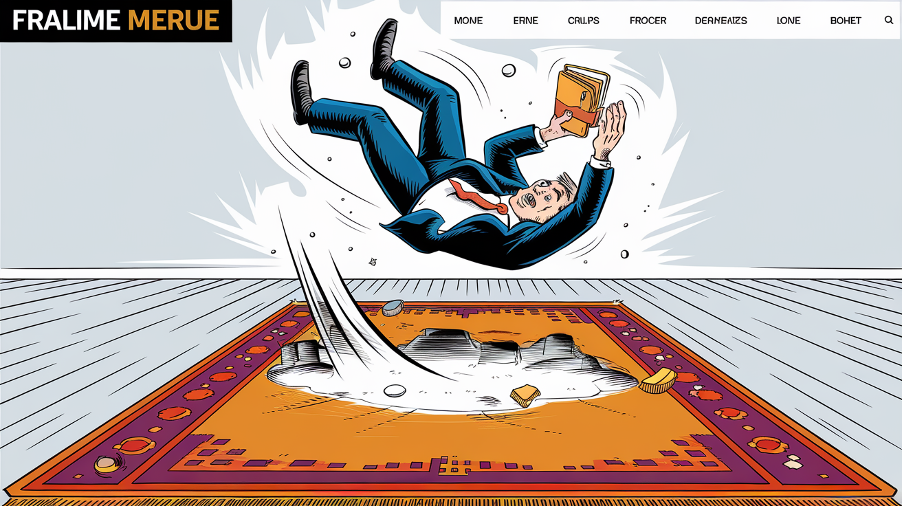 Investisseur crypto en chute après un rug pull, portefeuille virtuel envolé.