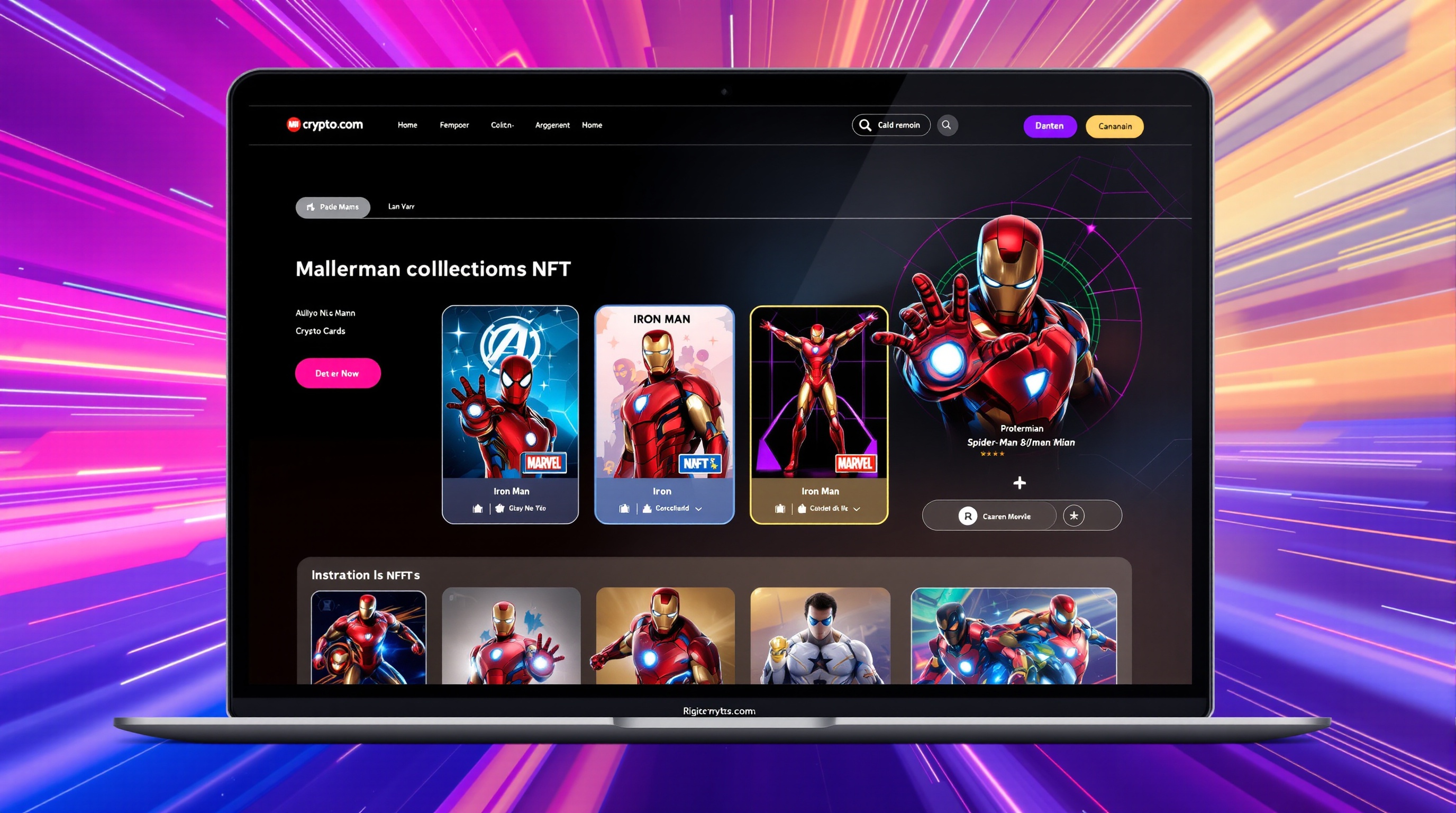 Interface de la plateforme Crypto.com NFT présentant des collections de super-héros.