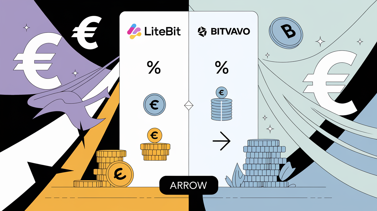 Comparatif visuel des frais entre LiteBit et Bitvavo -- deux colonnes colorées avec icônes des différents types de coûts.
