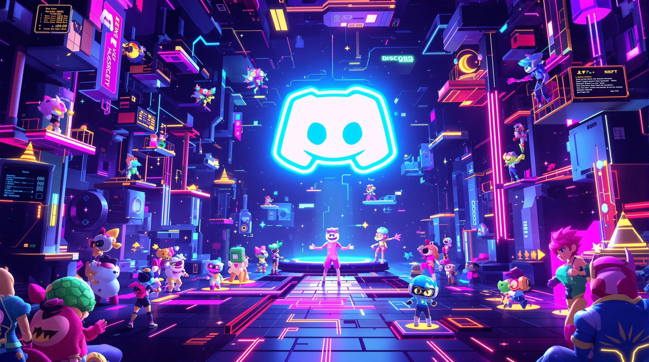 Image représentant un univers de jeu NFT, avec des personnages stylisés et des éléments de jeu vidéo, évoquant l'intégration de Discord comme plateforme communautaire.