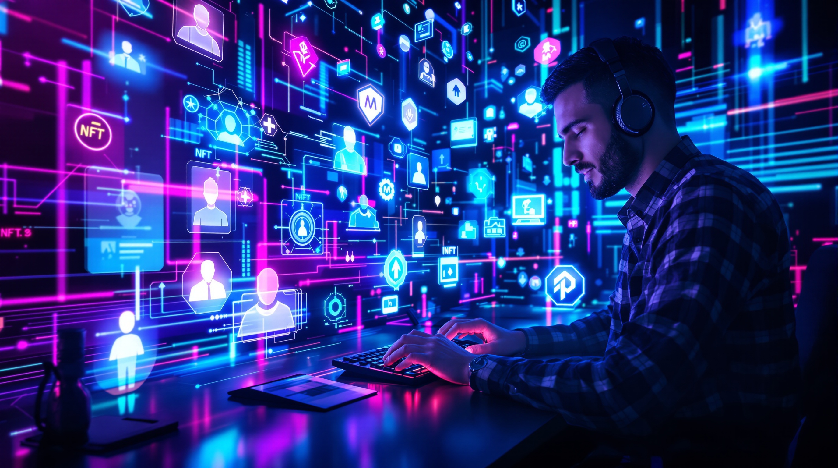 Un internaute entouré d'icônes blockchain, avatar et NFT, illustrant le Web3 dans une ambiance futuriste